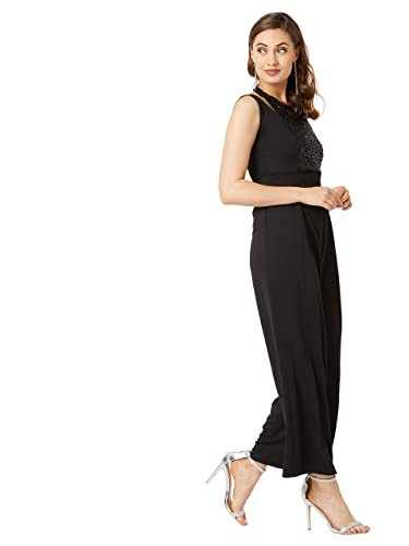 Image of Miss Chase Women's Halter Neck Sleeveless Solid Wide Leg Sequin Paneled Regular Length Jumpsuit