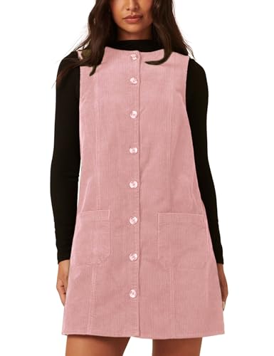 Tanming Womens Corduroy Overalls Dress Crew Neck Button Down Fashion Jumper Pinafore with Pockets(Pink-L)