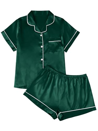 Image of LILLUSORY Silk Satin Pajama Set for Women Summer Two Piece Fall Lounge Pjs | Cozy Matching Sleepwear, Short Sleeve Button Down Shirt and Shorts, Soft Loungewear with Pocket, Cute Trendy Clothing