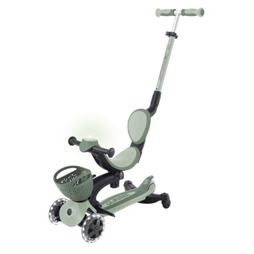 Globber GO•UP Baby 360 Lights - Patinete escalable de 3 Ruedas con Asiento y Respaldo para niños de 15 Meses a 6 años, Verde Salvia