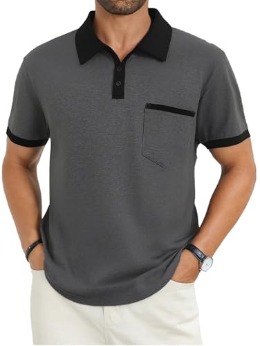 Image of Men's Casual Polo Shirts Summer Short Sleeve Contrast Collar Buttoned Tee Polo Shirt with Pocket