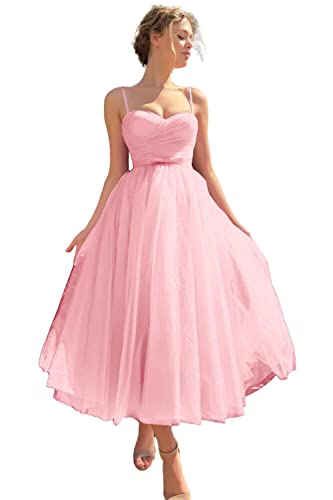 Women's Tulle Tea Length Prom Dresses Spaghetti Straps Sweetheart Formal Party Evening Gowns with Pockets