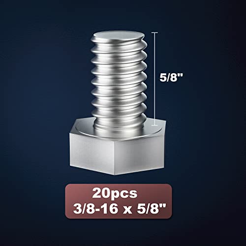 Image of 3 /8-16 x 5 /8 inch (5 /8 to 7 inch Optional) Hex Head Screw Bolt, Stainless Steel 18-8(304), Fully Threaded,20pcs