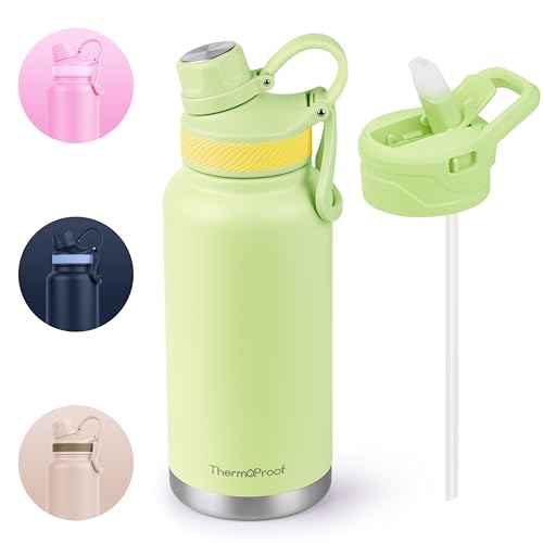 Image of ThermoProof Double-Walled Vacuum Insulated Stainless Steel Water Bottle - Wide Mouth Canteen, Spout & Straw Lids, Dishwasher Safe, Reusable, Leakproof, Hot & Cold for Men, Women - 32oz, Fresh Mint