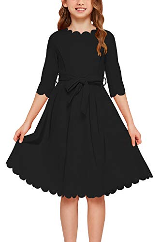 GORLYA Girl's 3/4 Sleeve Casual Scalloped Edge A-line Belted Dress with Pockets for 4-14T Kids