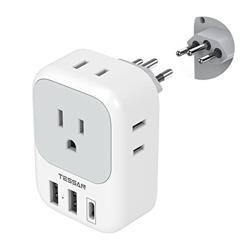 TESSAN Brazil Power Adapter, US to Brazil Travel Plug with 4 American Outlets 3 USB Charger (1 USB C Port), Type N Adaptor for USA to Brazilian Brasil
