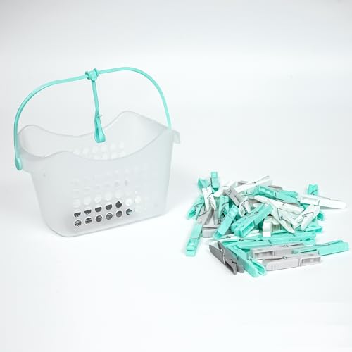 pegs it 100 Pcs Strong Hold Pegs with Clear Basket for Washing Line & a Hook on Handle | Wind-Proof & Rust Resistant Plastic clothes Peg with hanging basket (White/Grey/Aqua)