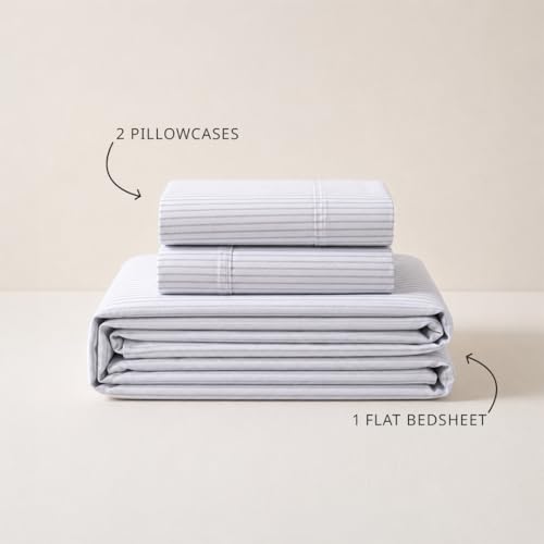 Image of LANE LINEN Cotton Fitted Bedsheet King Size - Ticking Stripe Cobalt Blue | GOTS Certified, Percale Weave, 78x72 inches, Fits Upto 12 inch Mattress, Soft, Breathable, Washable, 2 Pillow Covers