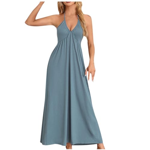 Women's Halter Neck Summer Dress Spaghetti Strap Maxi Dresses Ladies Elegant Casual Sleeveless Long Dress Bohemian Flowy Beach Strappy Dress Holiday Swing Loose Fit Sundresses for Party Evening Blue