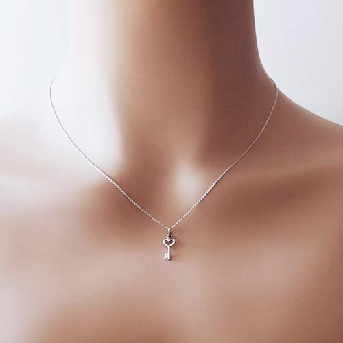 Sterling Silver Tiny Heart Key Charm Necklace 18"