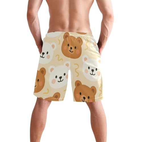 ODAWA Cute Bear White Brown Men's Beach Shorts Casual Elastic Waist Drawstring Summer Beach Shorts S4