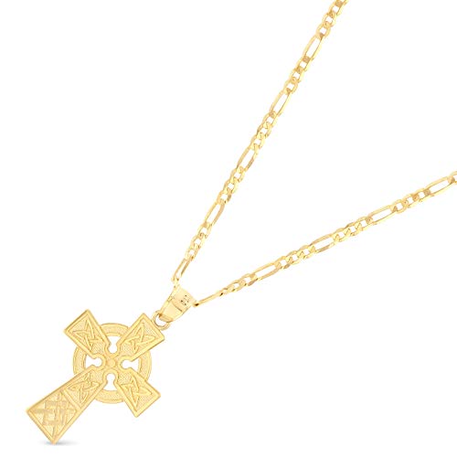 14K Yellow Gold Celtic Cross Pendant with 1.9mm Figaro 3+1 Chain Chain Necklace2