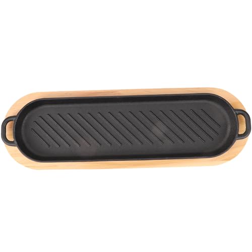 AMUSLESUR Plato para Freír Carne de Hierro Fundido Base de Madera, Bandeja para Barbacoa Bordes Redondeados, Apto para Cocina Doméstica y Parrillas