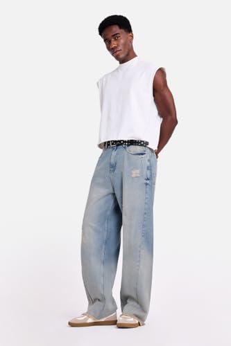 Image of SNITCH Men Streetwear Jeans | Baggy Fit Wide Leg Heavy Distressed Design & Raw Frayed Hem | 100% Breathable Cotton Denim Fabric for Casual Outings & Urban Lifestyle