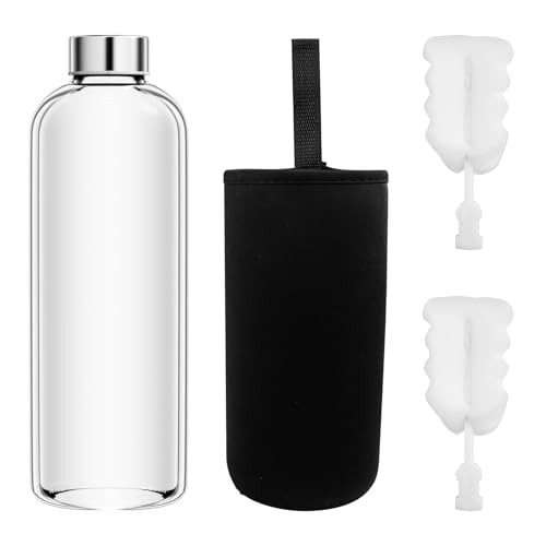 Tryslyn Glasflasche 1 Liter, Trinkflasche Glas, Glasflaschen, Wasserflasche Glastrinkflasche, Glass Water Bottle, Flasche, Trinkflaschen aus Glas-Broad für Heißgetränke, Trinkflasche Kohlensäure