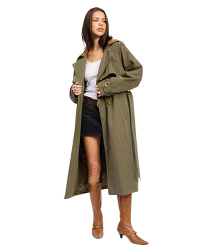 Stylish Olive Green Long Trench Coat with Tie Waist and Pockets for Women, Large - Image 4