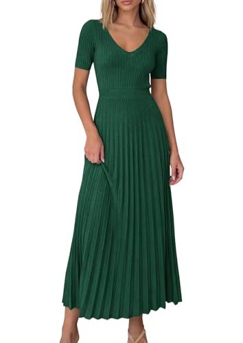 PRETTYGARDEN Women's 2026 Spring Midi Sweater Dresses Elegant Pleated Ribbed Knit Short Sleeve V Neck A Line Summer Outfits (Dark Green,XX-Large)