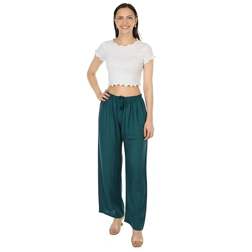 Image of Women's Rayon Palazzo Pants | Solid Color Wide Leg Trousers in 18 Shades | Elastic Waist Casual Bottoms XS-7XL | Comfortable