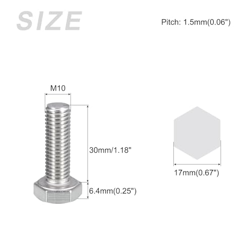 Image of METALLIXITY Hex Bolts (M10-1.5x30mm) 5Pcs, 304 Stainless Steel Coarse Fully Threaded Hex Head Screw Bolt Machine Screws - for Furniture Repair, Silver