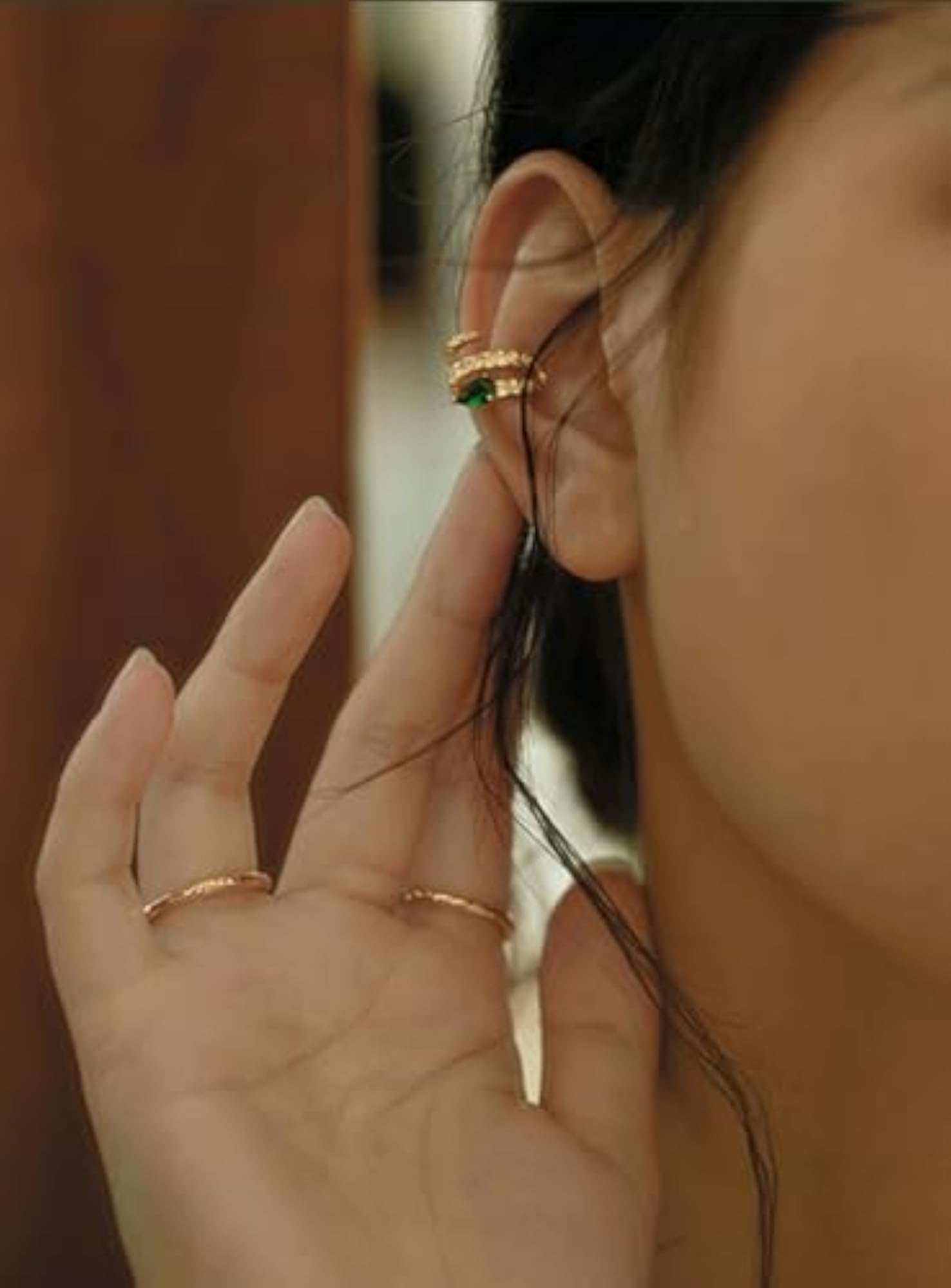 Green Snake Ear Cuff with Emerald Crystal for Women