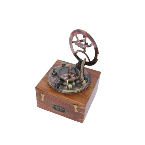 Brújula de bolsillo de latón antiguo con caja de madera miniatura 1