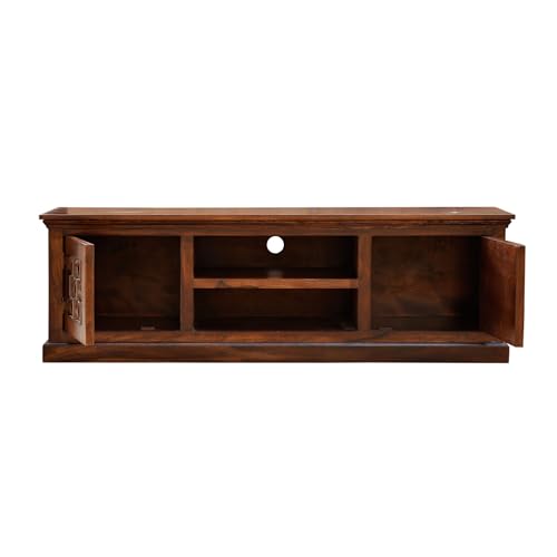 Image of Sheesham Wood TV Stand and Shelf Storage Entertainment Unit Center Console TV Table Wooden Tv Cabinet for Living Room Home (Natural Brown Finish)