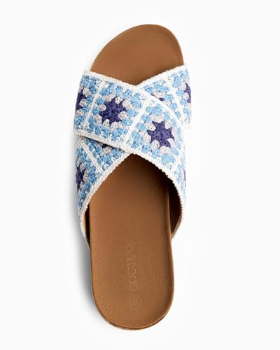 Image of Coutgo Womens Platform Espadrille Sandals Floral Crochet Open Toe Slides | 2.2-In Heels, Slip on, Cork Footbed, Cross Wide Strap, Summer Beach Vacation Shoes