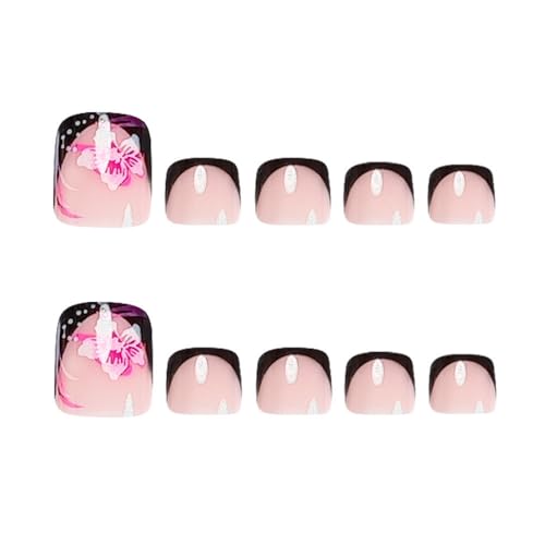 Image of 24Pcs Press on Toenails Black French Tip Fake Toenails Flower Toe Nail Press Ons with Design Glossy Full Cover Short Square Stick on Toes for Women Manicure