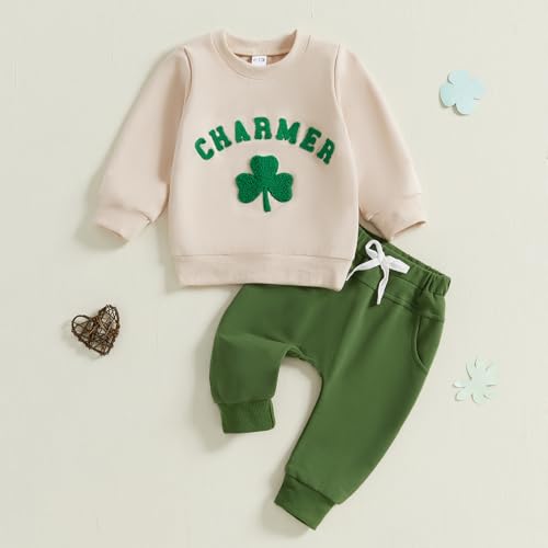 Amnnchya Toddler Baby Boy St Patricks Day Outfit Charmer Shamrock Sweatshirt Pants Fall Winter Spring Clothes Set (Khaki, 6-12 Months)