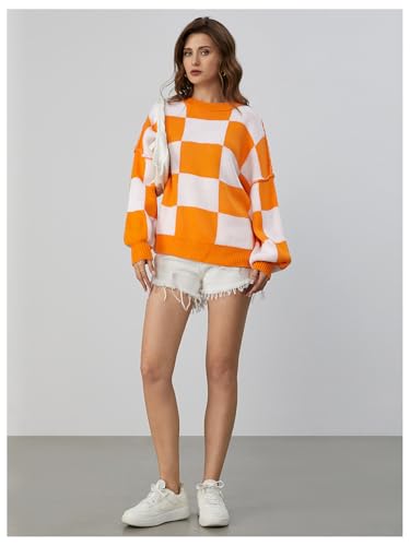 Image of SHENHE Women's Oversized Checkered Sweater Plaid Bell Sleeve Crewneck Vintage Sweater Jumper Orange Large