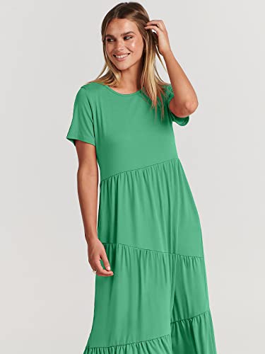 Image of ANRABESS Women Summer Maxi Dress Short Sleeve Swing Casual Asymmetric Tiered Vacation Long Beach Sundress Outfits Grass Green Medium