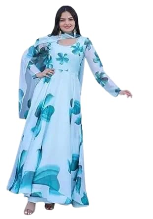 Image of DIGAMBARA Digital Floral Printed Anarkali Gown for Women, Georgette, Ethnic Wear, Fit and Flare, Dresses with Dupatta for Womens and Girls, Full Sleeves, Sky Blue