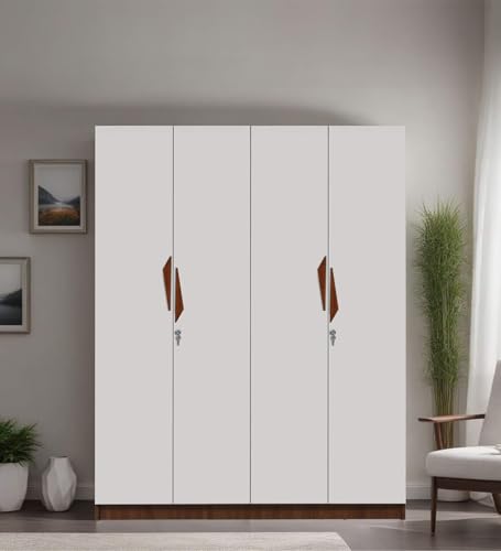 Image of Mintwud Pepperfry Engineered Wood Wardrobe with 4 Doors Storage and 2 Hanging Rod | Wooden Almirah Cupboard for Clothes Storage Organizer for Living Room Home Furniture (White Teak Finish)