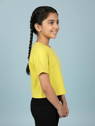 Image of KiddoPanti Girls 100% Cotton Solid Drop Shoulder Half Sleeve Round Neck Crop Tee
