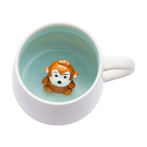 Jeuhoue Monkey Ceramic Cup Hidden 3D Animal Inside Mug,12 oz, Lovely Mug for Christmas, Birthday, Valentine's Day Gifts, Surprise Gifts for Friends and Families (Monkey 12oz)