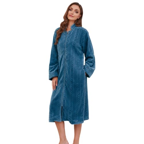Image of LYCY Women Plush Zipper Robe Long Warm Fleece House Coat Nightgown | Comfy Solid Bathrobe with Pockets, Anti-Static Design Robes, Relaxed Fit for Every Body