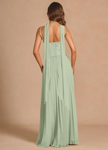 Women's Spaghetti Strap Bridesmaid Dresses Long Pleated Asymmetrical Drop Waist Formal Dress with Scarf DI2682