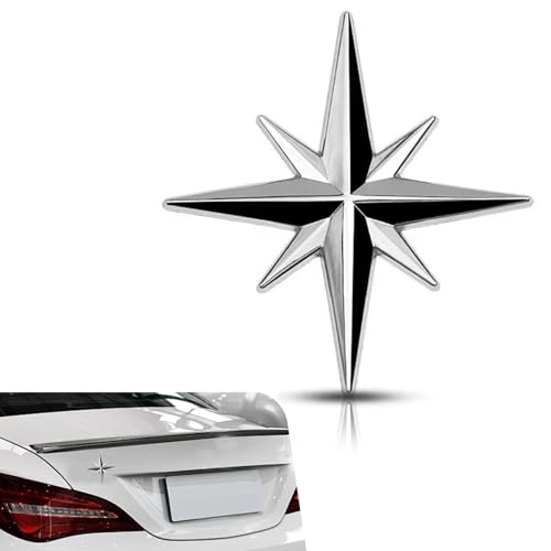 Bawkars Compass Octagonal Star Car Emblem, 3D Metal Polaris Auto Badge Decal Sticker, 2.36'×2.56' Anti-Scratch Stylish Exterior Decor Accessories for Automotive, Truck, RV, SUV, Motorcycle (Silver)