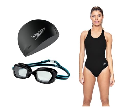 Kit Natação Speedo Maiô Cross + Óculos Beats + Touca Flat Silicone (BR, Alfa, XG, Plus Size, Preto)