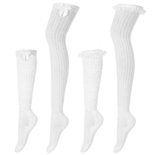 Suhine 2 Pair Oktoberfest Socks for Women German Dirndl Over The Knee Socks with Bows Lace Trim Ruffle Satin White Stockings(Bow Lace)