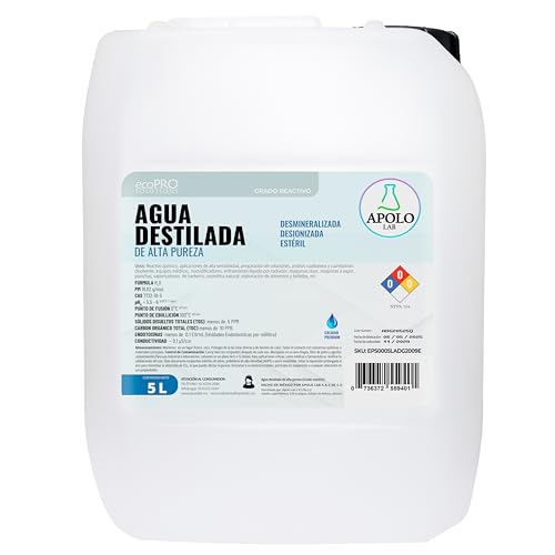 La Mejor Lista de Unidades de destilado los mejores 5. 49 Agua Destilada Apolo Lab de alta pureza, desionizada, desmineralizada, sin calorías, 5 litros en botella