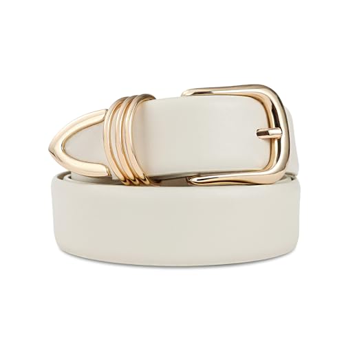 RISANTRY Womens Leather Belts for Jeans Dresses White Leather Waist Belt Fashion Ladies Belts with Gold Buckle
