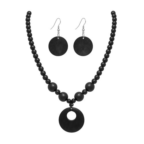Vintage Wooden Round Beaded Choker Necklace Earrings Set Bohemian Multicolor Wood Beads Sweater Chunky Necklaces Geometric Ethnic Bib Costume Statement for Women Men Weeding Jewelry Gifts-Black