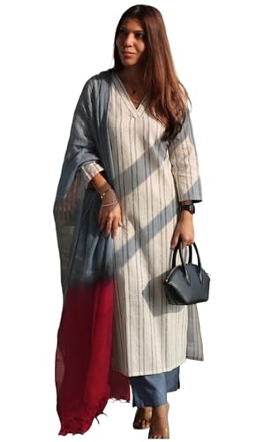 Image of GoSriKi Kurta Set for Women Viscose Printed | Kurti Set for Woman | Kurta Pant Dupatta 3 Piece Outfit | V Neck 3 /4 Sleeve Straight Fit Ethnic Dress Stylish Clothing