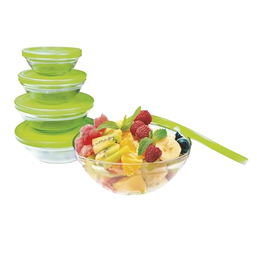 Jocca Ensemble de Bol en Verre avec Couvercle Anti-Gouttes, Vert, Lot de 5