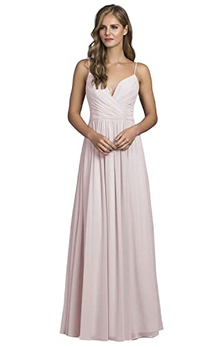 Robe de demoiselle d'honneur longue mousseline plissée col en V rose poudré C119