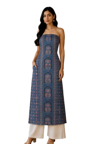 Image of Ethnics of Kutch Womens's Ajrakh Modal Silk Natural Dye Hand Block Print Unstitched Kurta Fabric