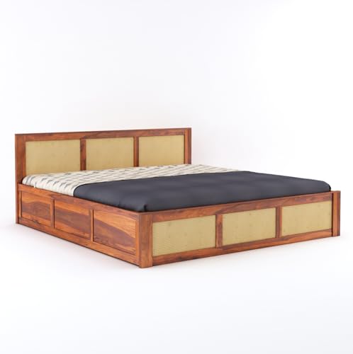 Image of Solid Sheesham Wood Queen Size Bed with Hydraulic Storage Wooden Double Bed Cot Palang Furniture for Bedroom Living Room Home Furniture (Honey Finish) | 1 Year Warranty
