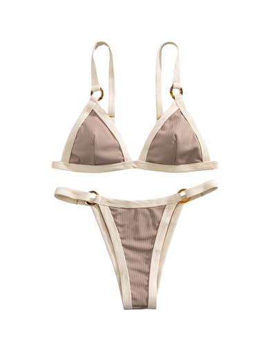 Maillot de bain 2 pièces marron taille S avec bordure contrastée élégante pour femme