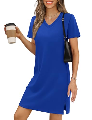 RUMIA Summer Dresses for Women 2026 Mini Vacation Dress V-Neck Short Sleeve A Line Beach Sundress RoyalBlue M